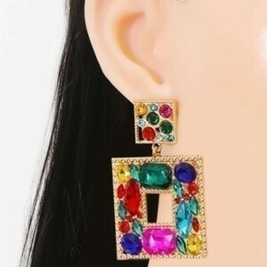 New Multi-Color Rhinestone Decor Square Drop Earrings
